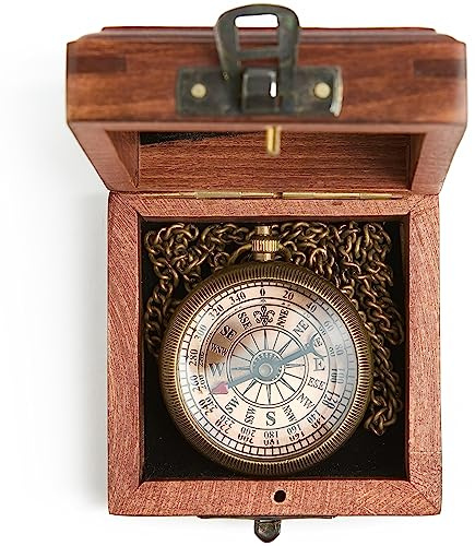 Handmade Antique Brass Compass for Men - Functional Vintage Compass for Hiking, Camping, Sailing Gifts - King Charles Coronation Gift in Wooden Box for Graduation, Father's Day