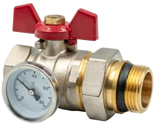 KNM Trade Kugelhahn 1 Thermometer Rot | Wasserleitungssysteme, hoher Druck, Stahlgriff, Messbereich 0-80°C, 16 bar, Heizsysteme
