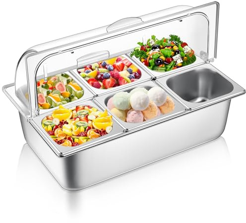 Ziliny Contenitore da banco per servire alimenti e coperchio superiore trasparente, in acciaio inox, vassoio da portata per buffet, condimenti, per ristoranti, hotel, cucina, feste (6 padelle)