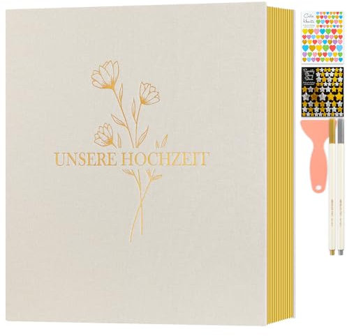 Lanpn Selbstklebendes Hochzeitsalbum Einkleben Fotobuch, Leinen Groß Weiße Seiten Hochzeit Fotoalbum zum Selbstgestalten mit Stift 10x15 13x18 Fotos Bilder (Kleine, 20Blatt/40Seiten,Beige)