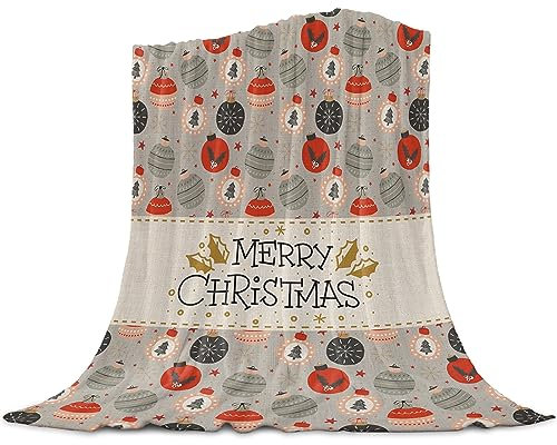 FJAUOQ Überwurfdecke, Frohe Weihnachten, Balldekoration, Schneeflocken, Baum, Stern, Stechpalmenblatt, Vintage, Winter, grau, superweiche Mikrofaser, warme Decke für Couch, leichte Decke für