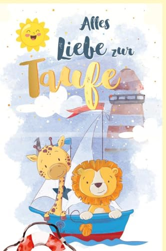 Skorpion Taufkarte mit Giraffe & Löwe, Segelboot in Pastellblau & Gelb - Elegante Karte mit Sonne & Goldfolie für Kinder - mit Umschlag