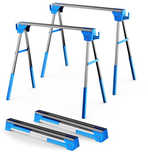 Adjustable Height Sawhorse 2 Pack, Folding Portable Saw Horses with 30-34 inch Adjustable Legs, Heavy Duty Steel Pro Bench Saw Horse for Woodworking, Carpenters, Contractors, Fully Assembled (blue)