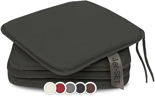 ZOLLNER 4er Set Sitzkissen in 38x38cm - gemütliche Stuhlkissen mit Bindebänder - waschbar bis 30°C - in grau - Oeko Tex® Zertifiziert