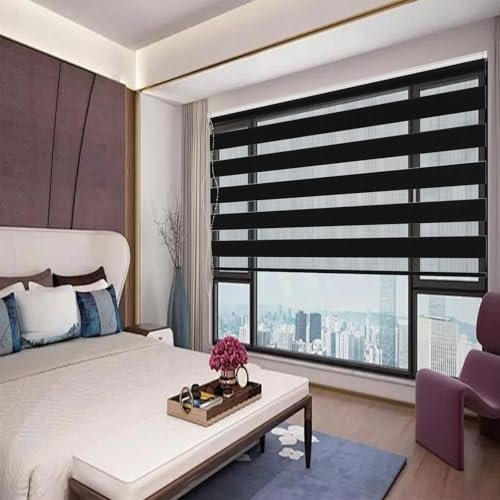 Doppelrollo Klemmfix Verdunkelung 45 x 160 cm Sichtschutz Sonnenschutz Fensterrollo Zebrarollo Seitenzugrollo Inkl. Montagematerial für Wohnzimmer Küche Büro, Schwarz