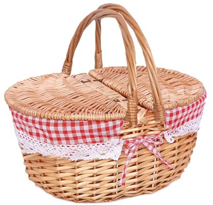INIFLM Picknickkorb aus Korbgeflecht mit Herausnehmbarer Einlage, Leere Picknickkörbe mit Deckel, Picknickkorb mit Faltbarem Griff, Ovaler Großer Aufbewahrungskorb für Picknick,