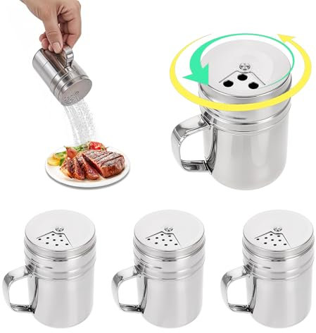HUANR 4 Pièces Pots à Épices, avec Poignée Salière, Pivotant Saupoudreuse Sucre Glace, Couvercle avec Tamis à Poudre à 3 Ouvertures, Acier Inoxydable, pour Maison, Pique-Nique, Barbecue