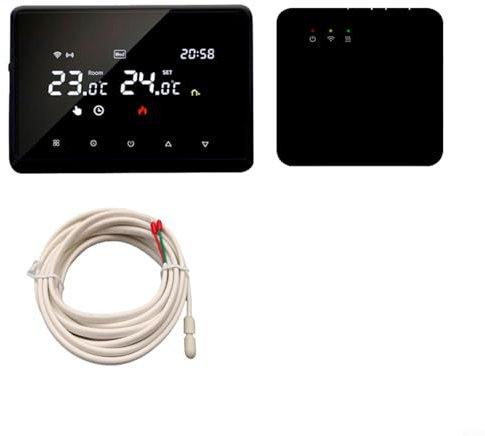 Emiif Wi-Fi Smart Thermostat - Programmable Temperature Controller Voice APP Control RF Receiver Weekly Schedule Gas Boiler Heating System with Child Lock(Black + Sensor)