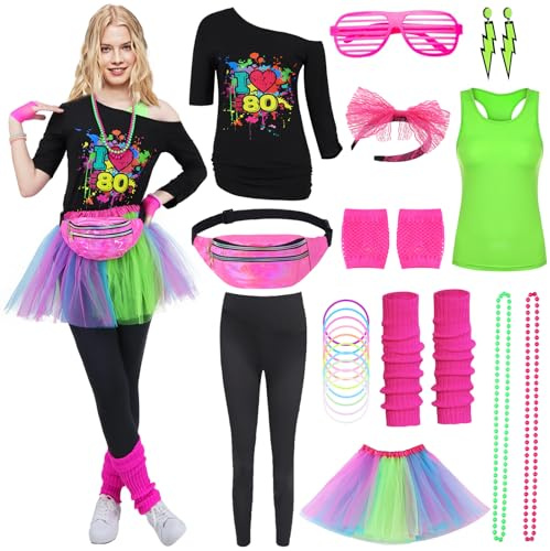 Mrsclaus 80er Jahre Outfit Damen, 90er Faschingkostüm Damen, Aerobic Outfit für Karneval Fastnacht Mottoparty, Tshirt Leggings, Grün Tank Top, Tüllrock Bauchtasche Beinlinge Netzhandschuhe 067S