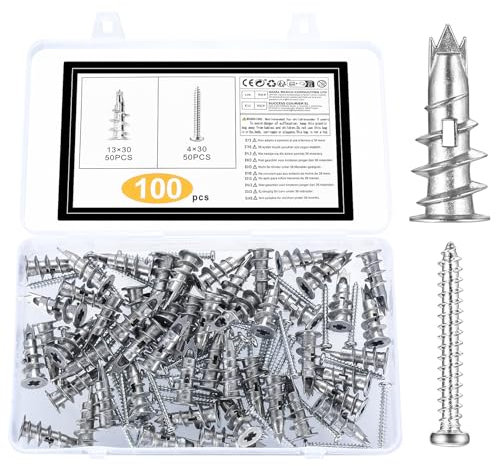 100 Rigipsdübel, Trockenbau Dübels, Selbstbohrender Gipskartondübel Metall mit Schrauben Dübel Set, Hohlraumdübel Rigips Dübel für Schwere Lasten Gipskarton Dübel für Rigipsplatten Beton Ziegeln