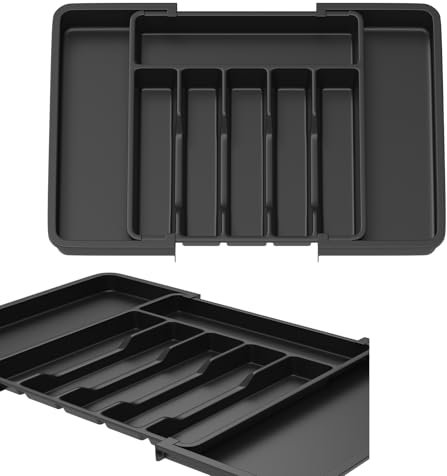 AUTOFU Grand Plateau de Couverts Extensible pour la Cuisine, Range Couverts pour Tiroir, Support Réglable pour l'Argenterie et les Couverts, Range Couvert pour Outils et Gadgets, Noir