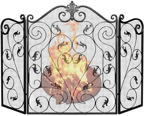 Victorian Gothic Wrought Iron Fireplace Screen, Heavy Duty Steel Fireplace Grate, Wood Burning Furnace Chimney Cover, Decorative Mesh Fire Spark Guard
