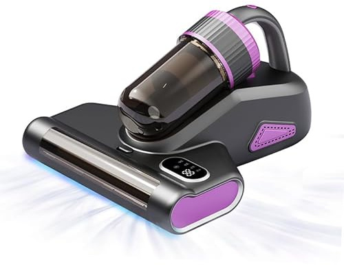 FSHome Aspirateur à main anti-acariens UV avec écran LED, sans fil, nettoyage en profondeur anti-allergène, gris/violet