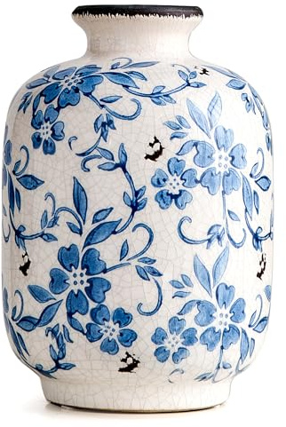 Keramik Vase, Weiß und Blau Porzellan, Vase Groß Blau für Haus, Landhaus Rustikale Dekoration für Zuhause, Tischvase für Blumen