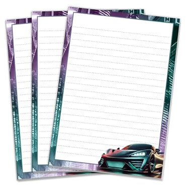 3 bunte Schreibblöcke Briefpapier liniert für Jungen Kinder Schule Teens Erwachsene PKW Schlitten Auto Rennwagen (3 Blöcke A5 mit je 25 Blättern)