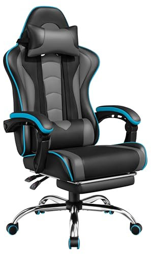 Yaheetech Sedia Gaming Ergonomica Massaggiante Reclinabile con Poggiapiedi Poggiatesta e Supporto Lombare Braccioli Imbottiti in Finta Pelle Poltrona Gamer da Scrivania con Ruote Girevole Grigio