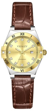 VXFAIZY Reloj Mujer Elegante con Marcadores de Cristal y Correa de Cuero Auténtico Reloj con Calendario para Damas (Marrón Dorado)