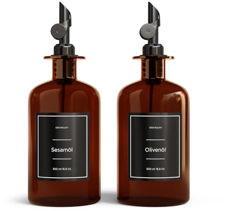 Greymount ® Essig und Ölflaschen Set - 2er Pack Ölspender 500ml | Ölflasche aus Braunglas mit Ausgießer Schwarz für Olivenöl, Essig und mehr | Perfekt für Kochen, Salate und BBQ