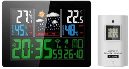 YVAAASIYC Estación meteorológica con Pantalla LCD a Color, termómetro inalámbrico, higrómetro, medidor de Temperatura y Humedad, pronóstico de Tendencias, Reloj Despertador controlado por Radio