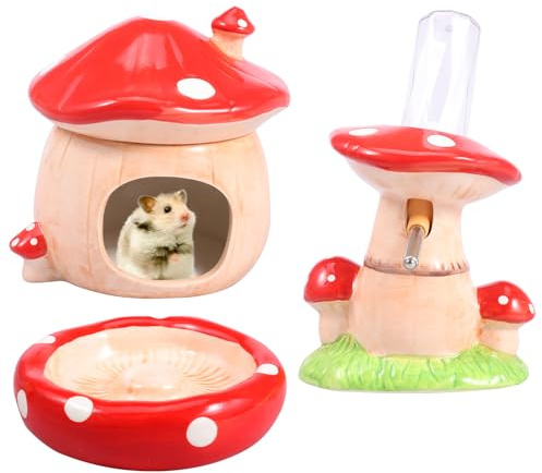 4 Stück Hamsterhaus,Keramik Hamster Höhle mit Stand,Schüssel und Wasserflasche,Pilz geformt Tiere Versteck Habitat Dekor,Niedliche Versteck Haus für Tiere Mäuse,Zucker Glider,Chinchilla,Zwerghamster