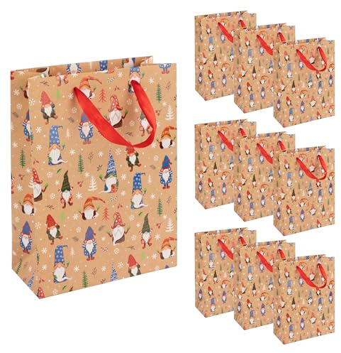 Idena 90406 - Geschenktaschen Wichtel, 10 Stück, Papiertüten in der Größe 34,5 x 25 x 8,5 cm, Geschenktüten für Weihnachten