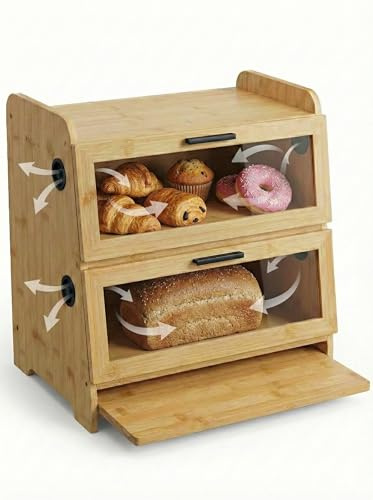 SWAYN Boîte à pain en Bambou Certifié FSC — Huche à Pain 2 étages, Ventilation Ajustable pour Prolonger la Fraîcheur, Planche Intégrée, Rangement Optimisé pour Conservation Pain (naturel)