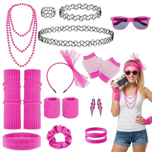 SORAYUXI 90er 80er Jahre Accessoires,25 Stück 80er Jahre Outfit Damen Set mit Neon Oberteil Beinstulpen Armbänder Halskette Stirnband Ohrringe Brille Bauchtasche für Karneval Halloween