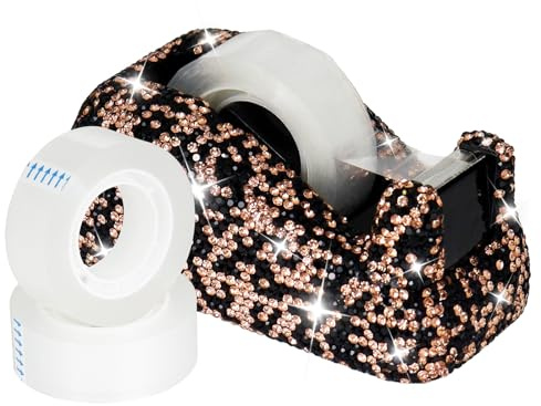 Multibey Bling Crystal Tape Dispenser, Sparkly Desktop Adhesive Tape Dispenser Cutter with Tape for Desk, Tape Holder Cutter Rhinestone for Women Office School Gift (Black Gold)