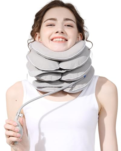 Nackenstrecker Aufblasbar, 3+1 Schichten Mensch mit Kinnstütze, Halskrause TPU Innenkissen, Ergonomisch gestaltet für Nackentraktion und Schmerzlinderung