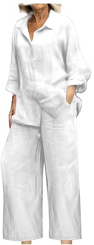 Ensemble en Lin Femme Chic et Elegant Pantalon Fluide + Chemise Manches Longues Printemps Été Ample 2 Pieces Décontracté Ample Respirant Tenue de Plage Survêtement Grande Taille Loungewear Set