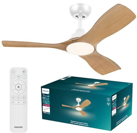 Philips Olas Takfläkt med Belysning, LED-lampa, 3 Blad, 107 cm Diameter, 2 650 Lumen, Reglerbart Vitt Ljus från 3 000 K till 6 500 K, Dimbar till 5%, Fjärrkontroll Ingår, Vit/Trä