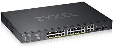 Zyxel 24 Port Network Ethernet Switch | Smart Managed PoE+ | GS1920-24HPV2 | 24x GbE PoE+ with 375W Budget + 4x Combo RJ-45/SFP Ports, Smart Fan, NebulaFlex, VLAN, QoS, Rack Kit Included