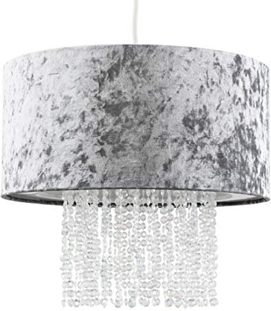 MiniSun | Modern Silver Grey Velvet Ceiling Light Shade with Clear Acrylic Droplets | Pendant Lights, Home Décor & Improvement Essential | 330mm Shade Width