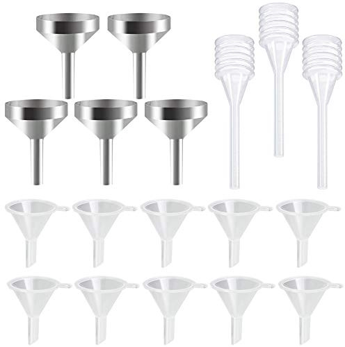 EMAGEREN 5 Pcs Small Metal Funnels 10 Pcs Plastic Mini Funnels Essential Oil Funnel Mini-Small Funnel Set with 3 Pcs Mini Pipette for Filling Small Tiny Bottles or Containers Atomizers Perfume Liquid | Essential Oil Funnel with 3 Pcs Mini Pipette for Filling Small Tiny Bottles Containers Atomizers Perfume Liquid
