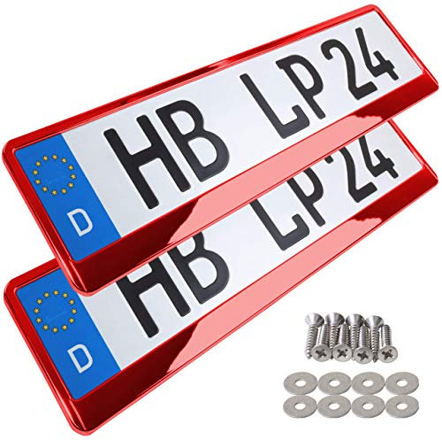 Portamatriculas Coche 520x110 mm - Soporte Matricula Coche [2 uds.] - con 8 Tornillos - Duradero y Resistente - Porta Matricula Coche Homologado - Cromo Rojo - Apto para Todos los vehículos