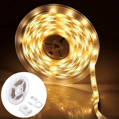 LED Streifen mit Bewegungsmelder(1,5M, Warmweiß) | 1500mAh Akku Aufladbar, Zuschneidbar, Auto On/Off und Timer, Selbstklebend, für Schrank, Schlafzimmer, Treppenbeleuchtung