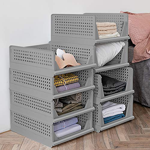 4 Set Faltbar Plastik Lagerkisten Regal Körbe Kleiderschrank-Aufbewahrungsboxen Falten Küche Schubladeneinsätze Stapelbare Lagerkästen Transport boxen Schrankbehälter Cube Ausziehbare Schublade - Grau