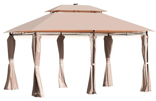 Outsunny 4 x 3(m) Outdoor Gazebo Canopy Party Tent Garden Pavilion Patio Shelter w/LED Solar Light, Double Tier Roof, Curtains, Steel Frame, Khaki