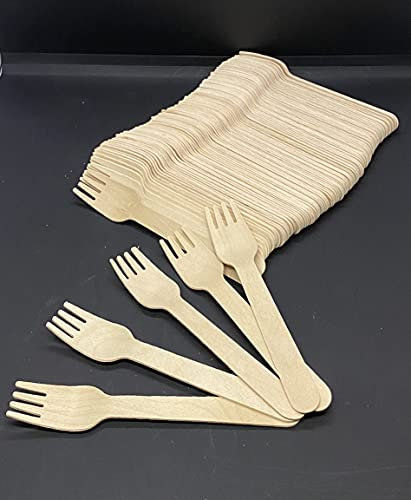 Paquete de 100 tenedores desechables de madera, 160 mm, biodegradable, madera de abedul compostable, respetuoso con el medio ambiente, para llevar, fiestas, bodas, camping