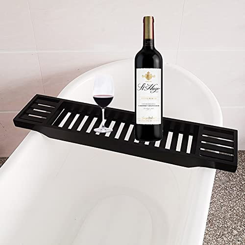 YSISLY Étagère de baignoire en bois de bambou, plateau de baignoire en bois, étagère de rangement pour tablette, verre à vin, accessoires de bain (noir)