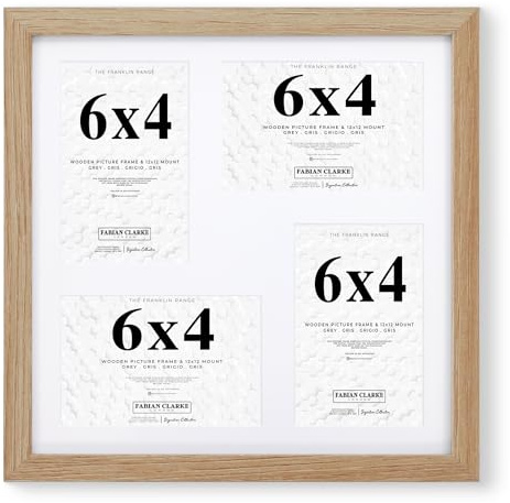 Fabian Clarke London Oak 12x12” Square Picture Frame Multi Aperture with White Mount that Holds 4x 6x4” Photos Pictures Includes Glass Front