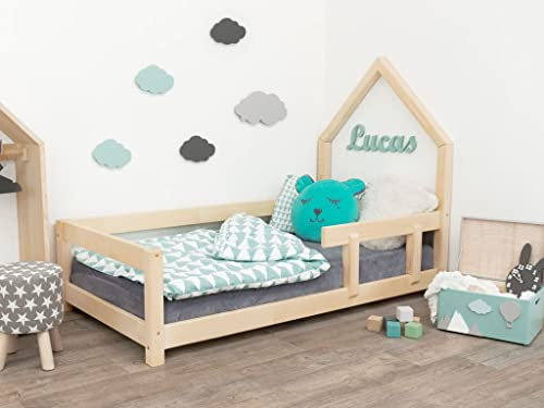 Benlemi Hausbet mit Rausfallschutz Rechts Seite Poppi 120x190 cm Transparent gewachst Bettenhaus mit Lattenrost/Rollrost aus Massivholz für Kinder- und Jugendzimmer Spielbett