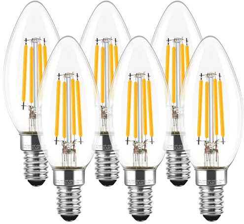 Levidon E14 LED Candle Light Bulbs Dimmable, 4W (Equivalent to 40W), Small Edison Screw (SES) 2700K Warm White Clear Filament - Pack of 6
