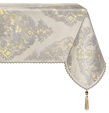 TOPLUXE Tischdecke mit Quasten, Tischtuch für Esstisch Wohnzimmer Küche Festtagstisch Party Dekoration (140x200cm, Beige)