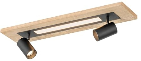 EGLO Deckenlampe Torrestralle, Deckenleuchte mit LED-Panel und 2 Spots, Wohnzimmerlampe aus schwarzem Metall und Holz-Furnier in Eiche-Optik, Lampe Decke Wohnzimmer, warmweiß, L 69 cm