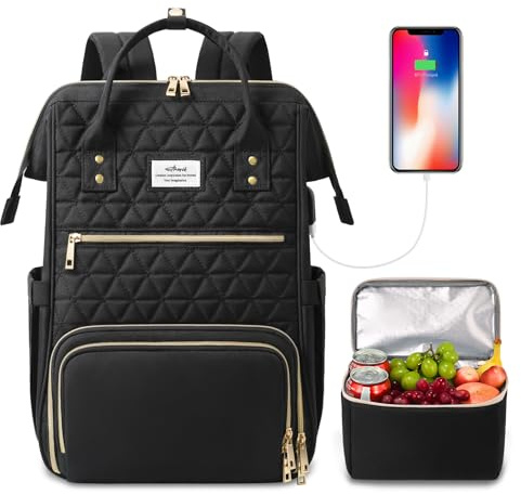 ETRONIK Laptop Lunch Backpack for Women, 15.6 inch Laptop Backpack with USB Port, Teacher Nurse Work Bag with Cooler Bag Insulated, Rucksack for Women Business Work Picnic, Gift, Black