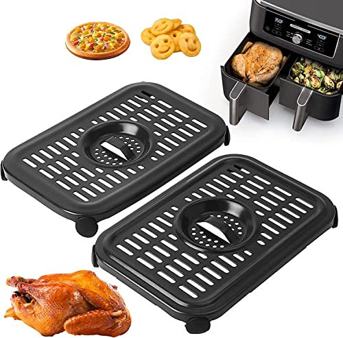 GCQ Air Fryer Grill Pan for Ninja Foodi DZ090/DZ201/DZ100（US）AF300（UK）6-in-1 7.6L Dual Zone Air Fryer, 2-Pack Replacement Crisper & Grill Plates with Rubber Bumpers, Dishwasher Safe