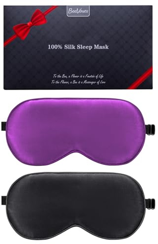 BeeVines Sovmask, 2-pack 100% äkta, Naturligt, rent silkesögonmask för sömn, viktad ögonmask med justerbart band, ögonbindel för sömn, blockerar ljus, skugga för ögonen (07 Svart och lila)