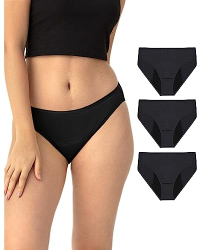 Neione Period Underwear for Women Moderate Flow Leakproof Breathable Comfortable Stretch High Cut Bikini Cheeky Panties Postpartum 3 Pack Black S