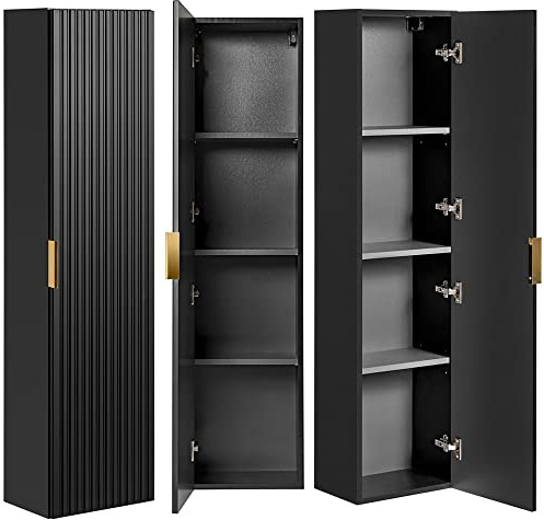Lomadox Badezimmermöbel in matt schwarz gerillt Hochschrank Seitenschrank Badezimmerschrank Badschrank B/H/T: 35/140/25 cm